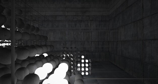 Abstract architectural concrete interior from an array of spheres with large windows 3D