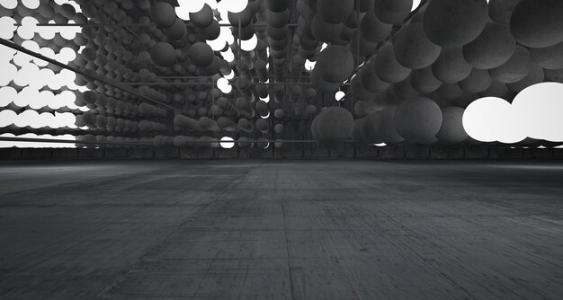 Abstract architectural concrete interior from an array of spheres with large windows 3D