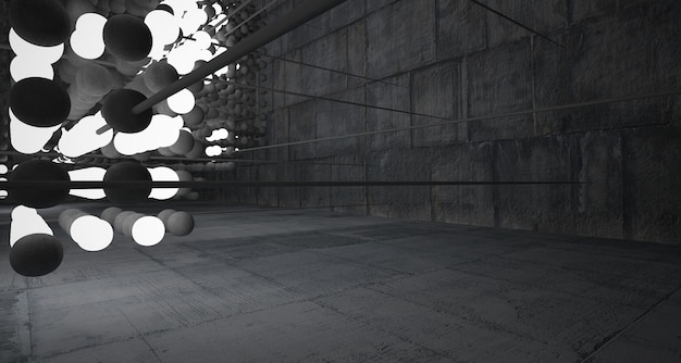 Photo abstract architectural concrete interior from an array of spheres with large windows 3d