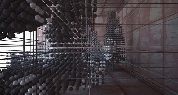 Abstract architectural concrete interior from an array of spheres with large windows 3D