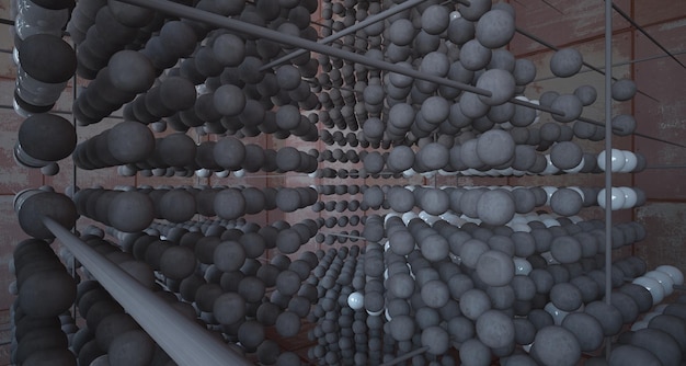 Abstract architectural concrete interior from an array of spheres with large windows 3D