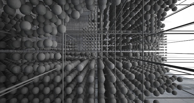 Abstract architectural concrete interior from an array of spheres with large windows 3D