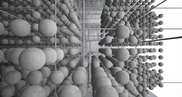 Abstract architectural concrete interior from an array of spheres with large windows 3D