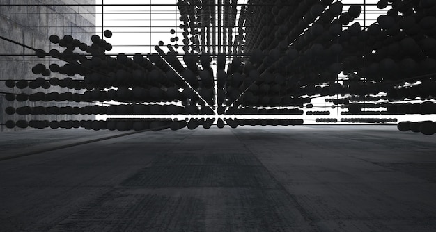 Foto interno architettonico astratto in cemento da una serie di sfere con grandi finestre 3d