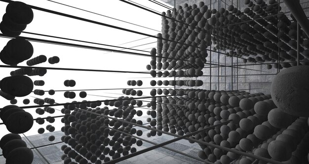 Abstract architectural concrete interior from an array of spheres with large windows 3D