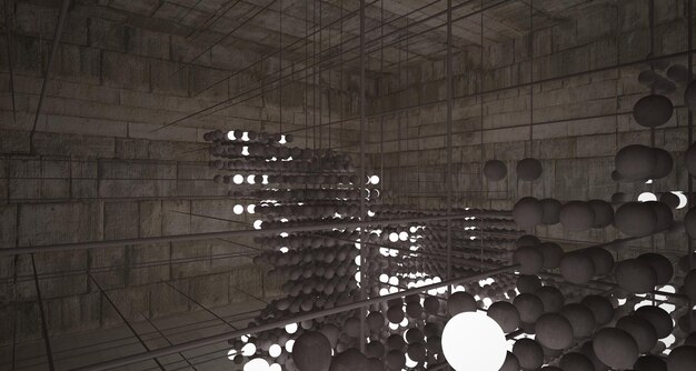 Abstract architectural concrete interior from an array of spheres with large windows 3D