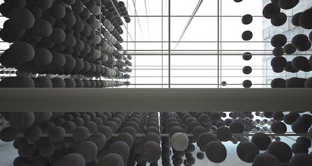 Abstract architectural concrete interior from an array of spheres with large windows 3D