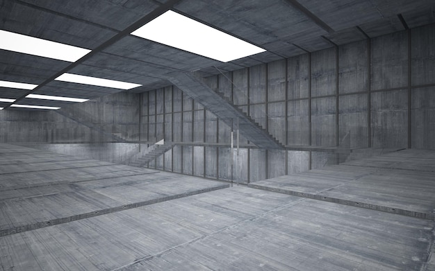 Абстрактный архитектурный бетонный интерьер минималистского дома. 3D иллюстрации и рендеринг.