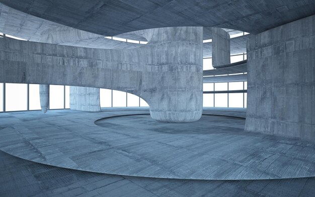 Abstract architectural concrete interior of a minimalist house 3D illustration and rendering