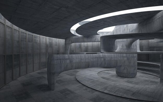 Abstract architectural concrete interior of a minimalist house 3D illustration and rendering