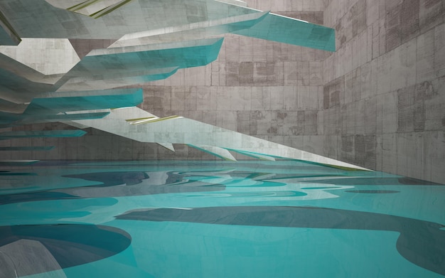 Abstract architectural concrete interior of a minimalist house standing in the water 3D illustratio