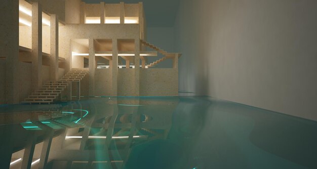 水の中に立つミニマルな家の抽象的な建築コンクリート内部 3D