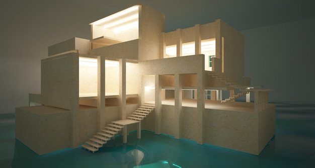 abstract architectural concrete interior of a minimalist house standing in the water 3d