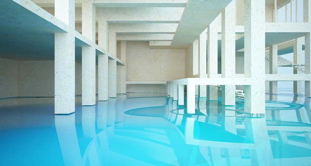 Photo abstract architectural concrete interior of a minimalist house standing in the water 3d