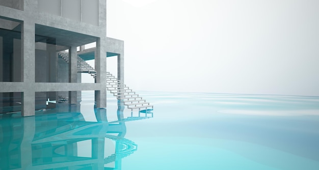 Абстрактный архитектурный бетонный интерьер минималистского дома, стоящего в воде 3D