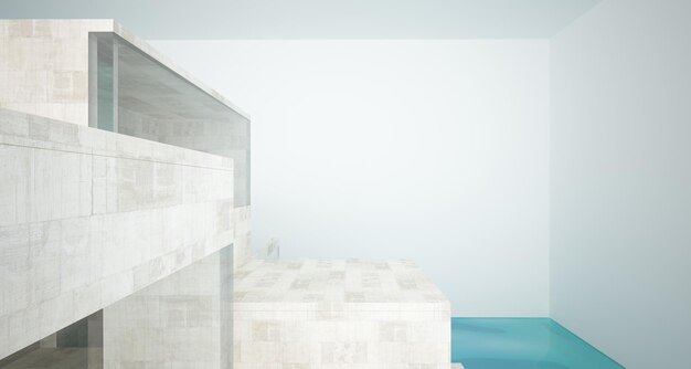 Abstract architectural concrete interior of a minimalist house standing in the water 3D