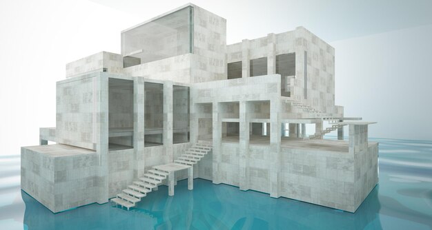 Abstract architectural concrete interior of a minimalist house standing in the water 3D