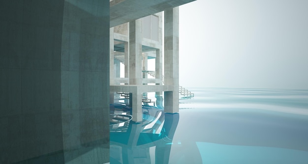 Abstract architectural concrete interior of a minimalist house standing in the water 3D