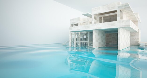 Abstract architectural concrete interior of a minimalist house standing in the water 3D