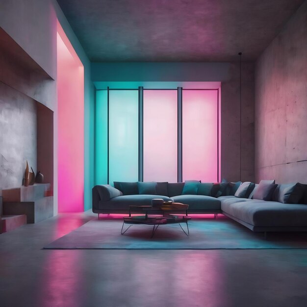 Abstract architectural concrete interior of a minimalist house with color gradient neon lighting 3d