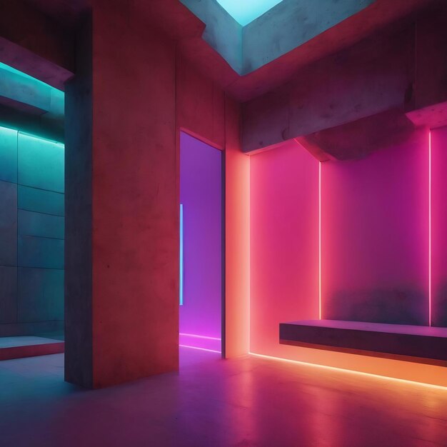 Photo abstract architectural concrete interior of a minimalist house with color gradient neon lighting 3d