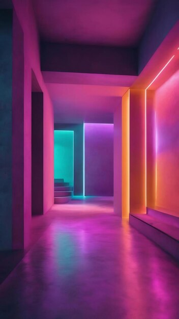 Abstract architectural concrete interior of a minimalist house with color gradient neon lighting 3d