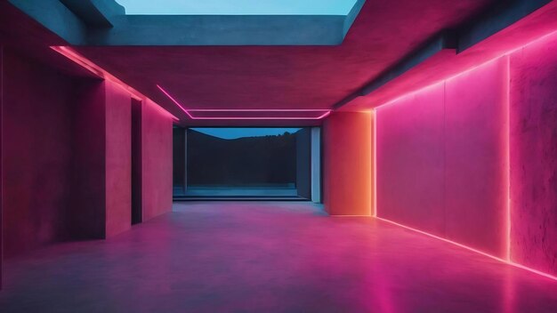 Abstract architectural concrete interior of a minimalist house with color gradient neon lighting 3d