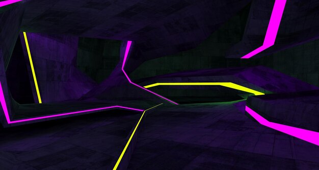 Abstract architectural concrete interior of a minimalist house with color gradient neon lighting 3D