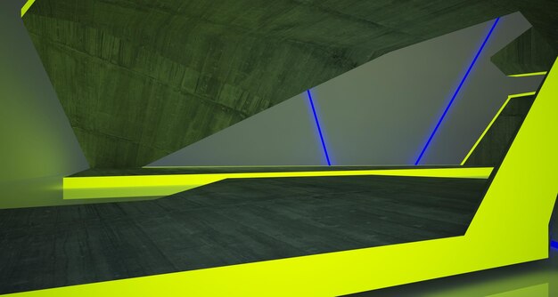 Abstract architectural concrete interior of a minimalist house with color gradient neon lighting 3d