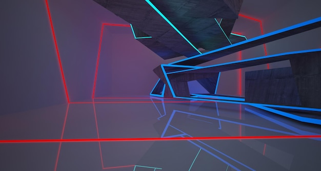 Abstract architectural concrete interior of a minimalist house with color gradient neon lighting 3D