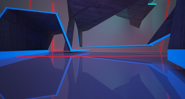 Abstract architectural concrete interior of a minimalist house with color gradient neon lighting 3D