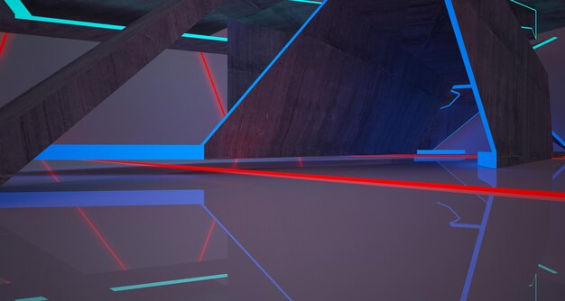 Abstract architectural concrete interior of a minimalist house with color gradient neon lighting 3D