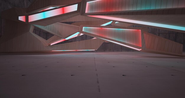 Abstract architectural concrete interior of a minimalist house with color gradient neon lighting 3d