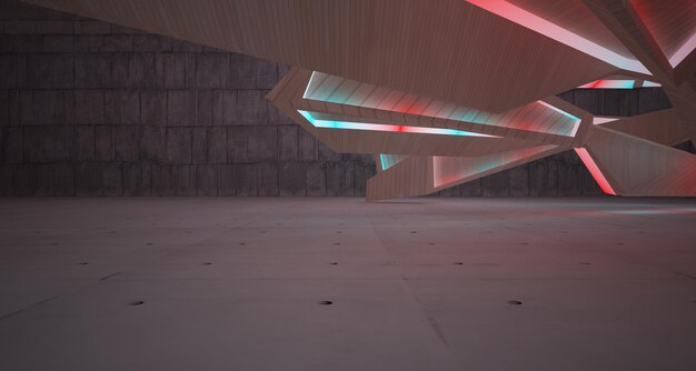 Abstract architectural concrete interior of a minimalist house with color gradient neon lighting 3D