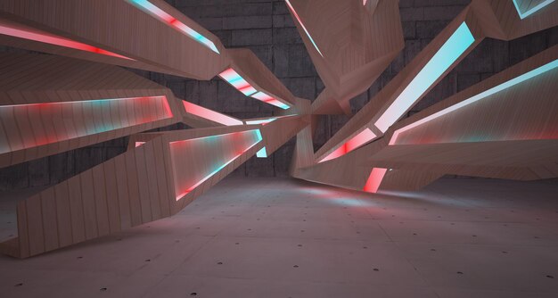 Abstract architectural concrete interior of a minimalist house with color gradient neon lighting 3D