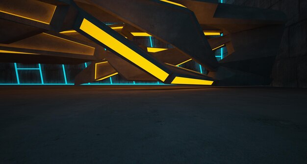 Abstract architectural concrete interior of a minimalist house with color gradient neon lighting 3d