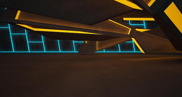 Абстрактный архитектурный бетонный интерьер минималистского дома с цветовым градиентом неонового освещения 3D