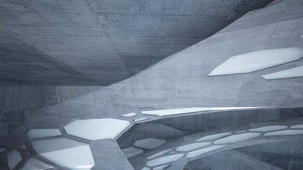 네온 조명 3D 삽화가 있는 미니멀리스트 주택의 추상적인 건축 콘크리트 인테리어