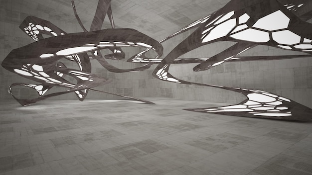 Абстрактный архитектурный бетонный интерьер минималистского дома с неоновым освещением 3D иллюстрация