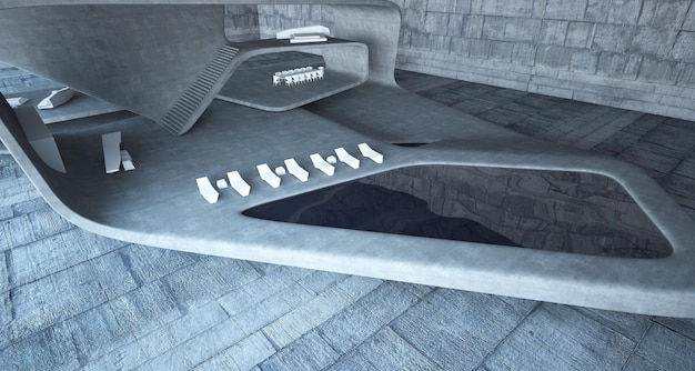 현대적인 빌라 3D 그림 및 렌더링의 추상 건축 콘크리트 인테리어