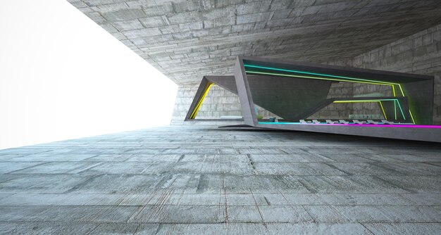 Abstract architectural concrete interior of a modern villa on the sea with colored neon lighting 3D