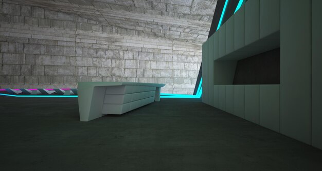 Abstract architectural concrete interior of a modern villa on the sea with colored neon lighting 3D