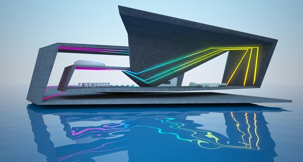 Photo abstract architectural concrete interior of a modern villa on the sea with colored neon lighting 3d