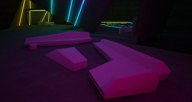 Abstract architectural concrete interior of a modern villa on the sea with colored neon lighting 3D