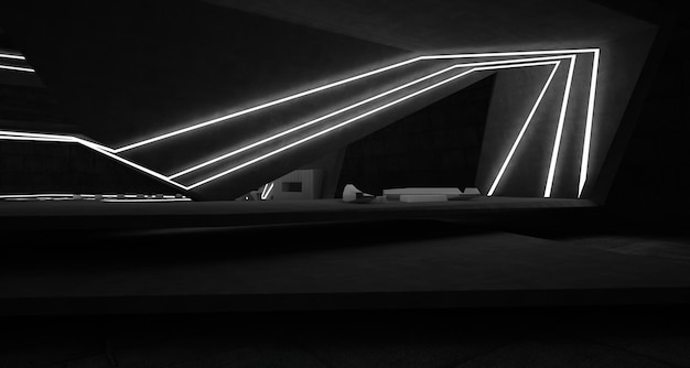 abstract architectural concrete interior of a modern villa on the sea with swimming pool and neon