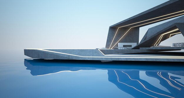 Abstract architectural concrete interior of a modern villa on the sea with swimming pool and neon