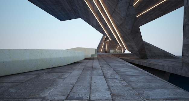 Abstract architectural concrete interior of a modern villa on the sea with swimming pool and neon