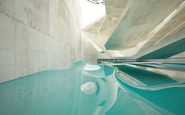 写真 水の中に立つミニマルな家の抽象的な建築コンクリート内部 3d