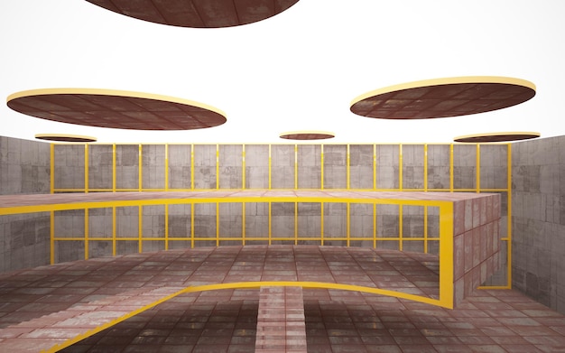 Абстрактный архитектурный интерьер бетона и ржавого металла минималистского дома с неоновым освещением