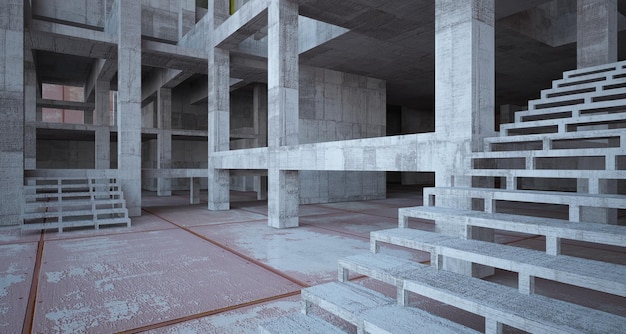 Abstract architectural concrete and rusted metal interior of a minimalist house